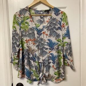 Signature Studio Green and Blue Tropical FLAMINGO Print Blouse!